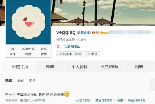 9月13日晚王菲發微博稱夫妻緣盡，疑似王菲和李亞鵬離婚