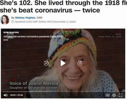 美國紐約102歲老婦兩次戰勝新冠